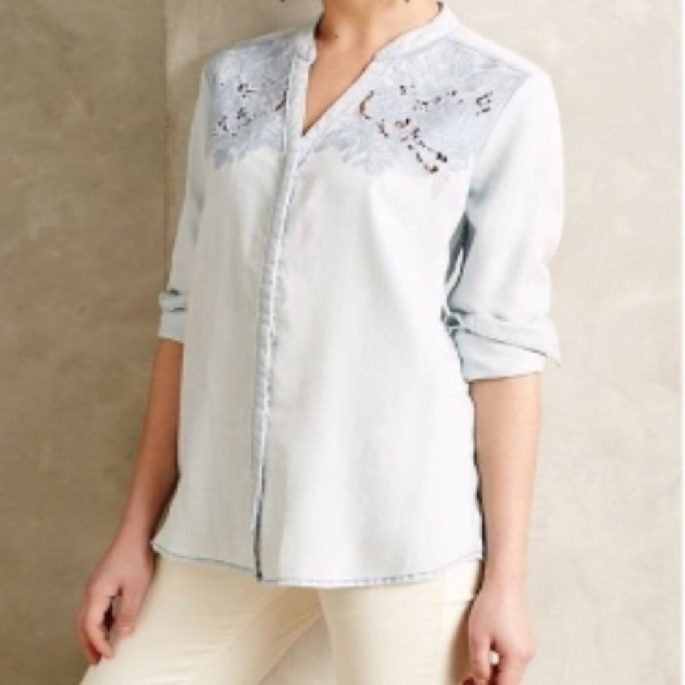 Anthropologie | Floral Eyelet Denim Top